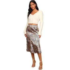 Lulu’s Global Icon Tan & Navy Blue Leopard Print Satin Midi Skirt Size Small